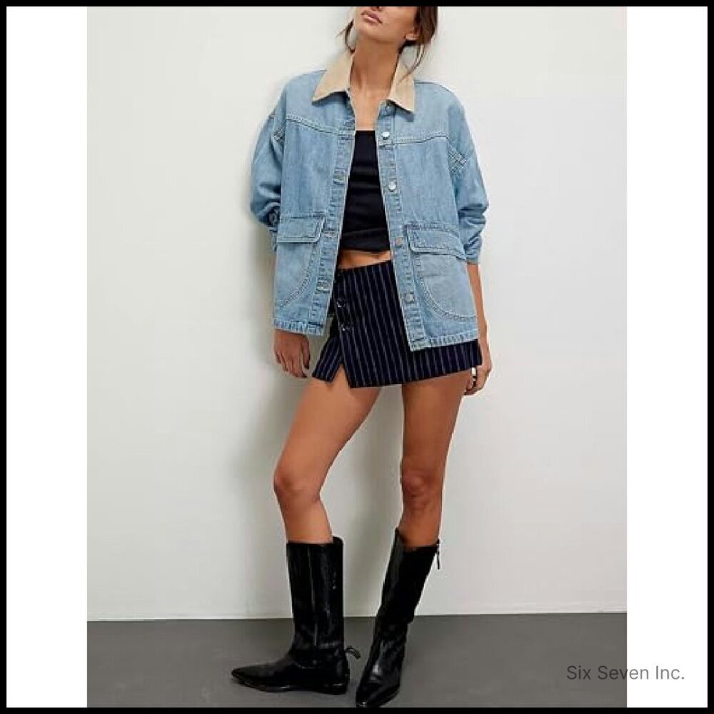 Oversized Denim Jacket Classic Y2K Chic Button Down Contrast Trim Outerwear - Picture 4 of 5